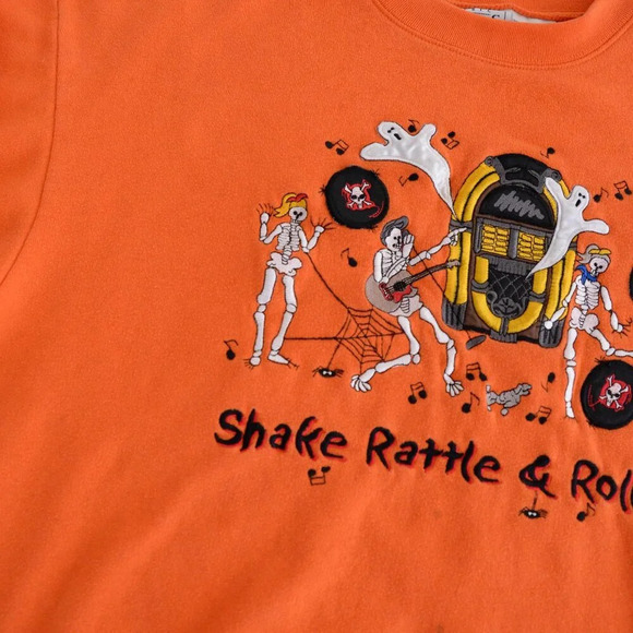Vintage Basic Orange Embroidered Shake Rattle Roll Halloween Skeletons Sweater M - Picture 10 of 12